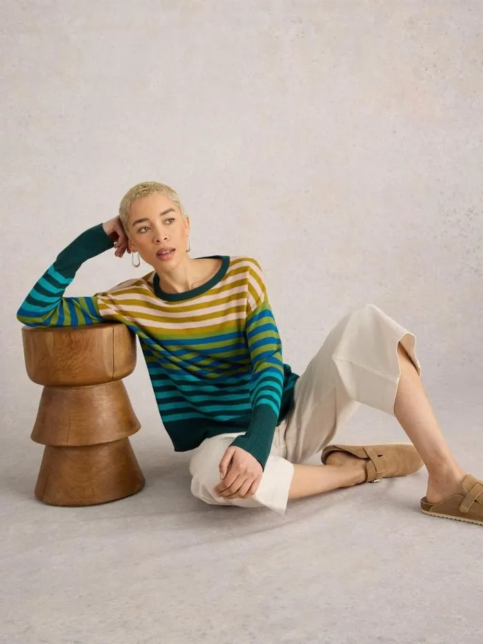 Women OLIVE STRIPED JUMPER Green Multi White Stuff Knitwear