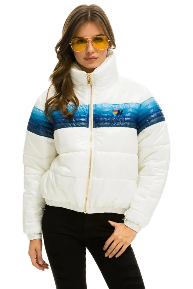 Women Outerwear Aviator Nation 5 STRIPE LUXE APRES PUFFER JACKET 8211 GLOSSY WHITE BLUE STRIPES