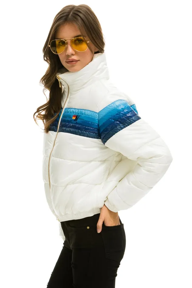 Women Outerwear Aviator Nation 5 STRIPE LUXE APRES PUFFER JACKET 8211 GLOSSY WHITE BLUE STRIPES Women Outerwear Aviator Nation 5 STRIPE LUXE APRES PUFFER JACKET 8211 GLOSSY WHITE BLUE STRIPES