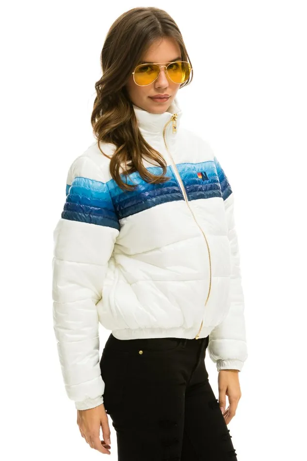 Women Outerwear Aviator Nation 5 STRIPE LUXE APRES PUFFER JACKET 8211 GLOSSY WHITE BLUE STRIPES Women Outerwear Aviator Nation 5 STRIPE LUXE APRES PUFFER JACKET 8211 GLOSSY WHITE BLUE STRIPES