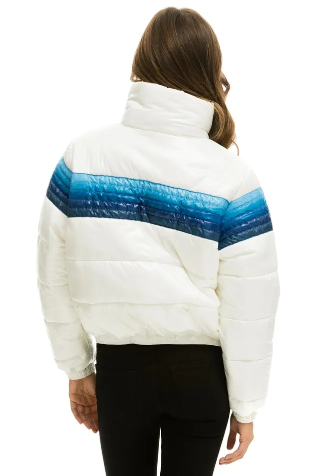 Women Outerwear Aviator Nation 5 STRIPE LUXE APRES PUFFER JACKET 8211 GLOSSY WHITE BLUE STRIPES Women Outerwear Aviator Nation 5 STRIPE LUXE APRES PUFFER JACKET 8211 GLOSSY WHITE BLUE STRIPES