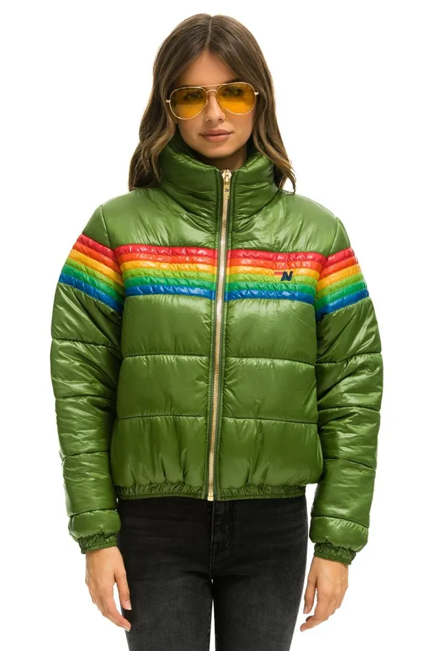 Women Outerwear Aviator Nation 6 STRIPE LUXE APRES PUFFER JACKET 8211 GLOSSY GARDEN GREEN