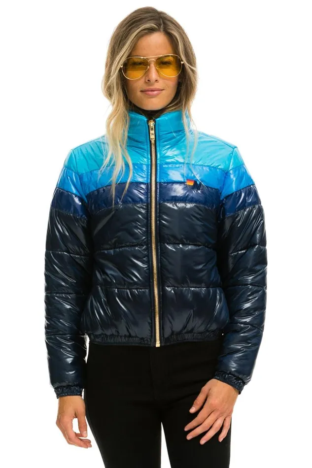 Women Outerwear Aviator Nation COLOR BLOCK LUXE APRES PUFFER JACKET 8211 GLOSSY NAVY