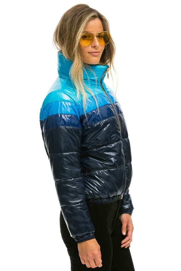 Women Outerwear Aviator Nation COLOR BLOCK LUXE APRES PUFFER JACKET 8211 GLOSSY NAVY