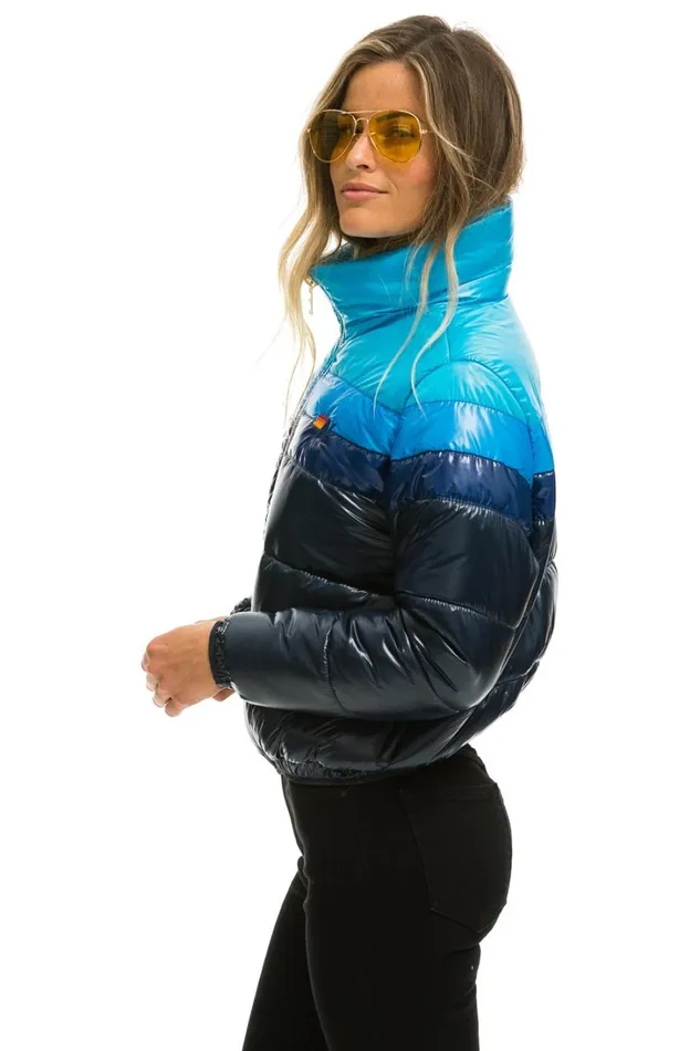 Women Outerwear Aviator Nation COLOR BLOCK LUXE APRES PUFFER JACKET 8211 GLOSSY NAVY