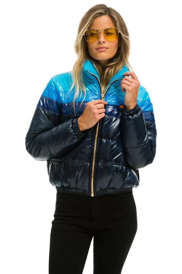Women Outerwear Aviator Nation COLOR BLOCK LUXE APRES PUFFER JACKET 8211 GLOSSY NAVY