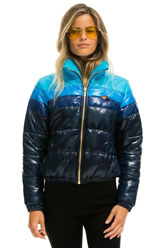 Women Outerwear Aviator Nation COLOR BLOCK LUXE APRES PUFFER JACKET 8211 GLOSSY NAVY