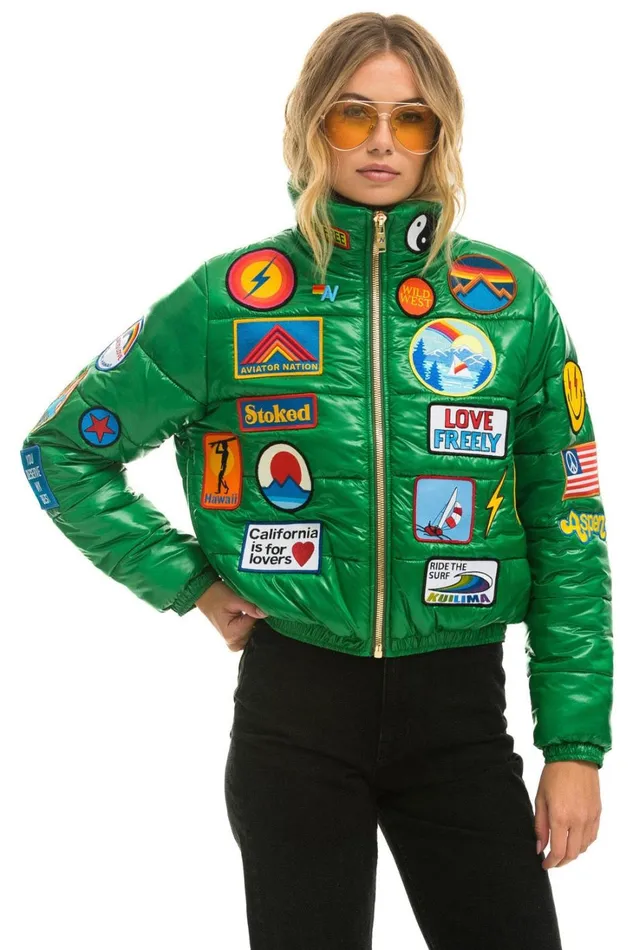Women Outerwear Aviator Nation VINTAGE PATCH APRES PUFFER JACKET 8211 AMAZON GLOSSY