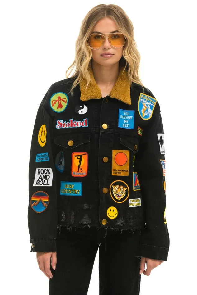 Women Outerwear Aviator Nation VINTAGE PATCH UNISEX CROP DENIM JACKET 8211 VINTAGE BLACK