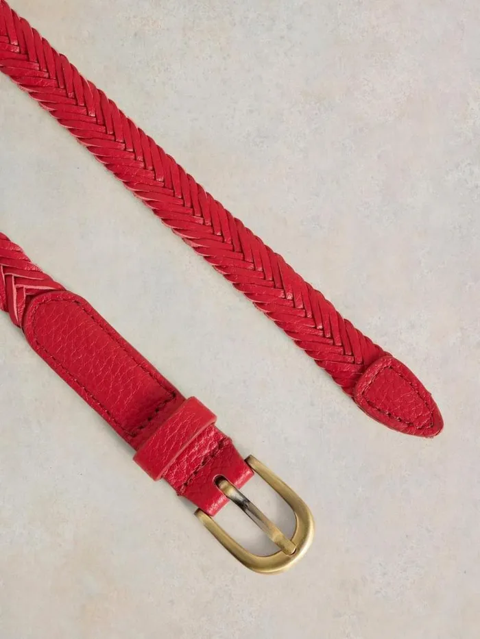 Women Plaited Leather Skinny Belt Mid Red White Stuff Belts