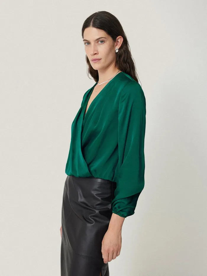 Women Recycled Satin Drape Wrap Top Green Jigsaw Party