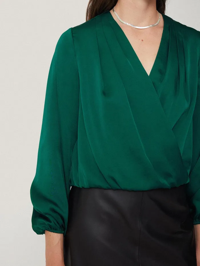 Women Recycled Satin Drape Wrap Top Green Jigsaw Party