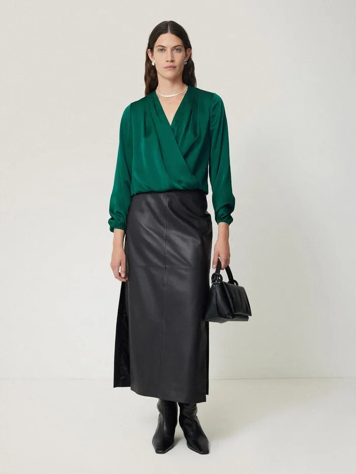 Women Recycled Satin Drape Wrap Top Green Jigsaw Party