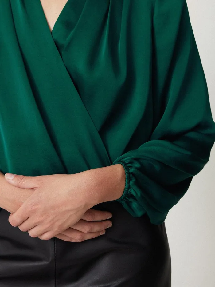 Women Recycled Satin Drape Wrap Top Green Jigsaw Party