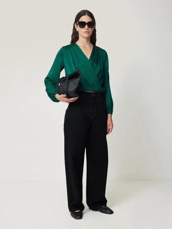Women Recycled Satin Drape Wrap Top Green Jigsaw Party