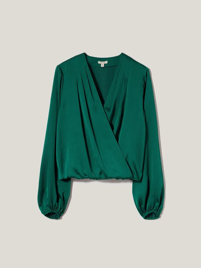 Women Recycled Satin Drape Wrap Top Green Jigsaw Party