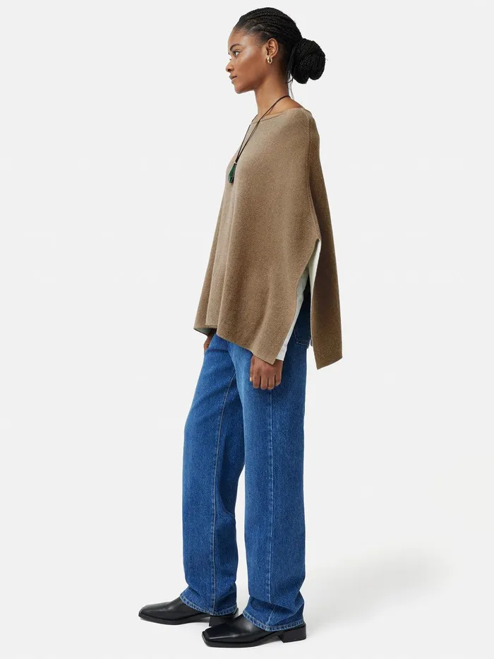 Women Reversible Cotton Blend Poncho Camel Jigsaw Ponchos and Scarves