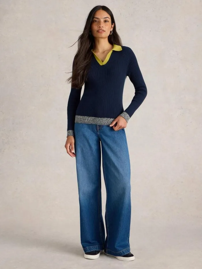 Women RIB COLLAR JUMPER Navy Multi White Stuff Knitwear