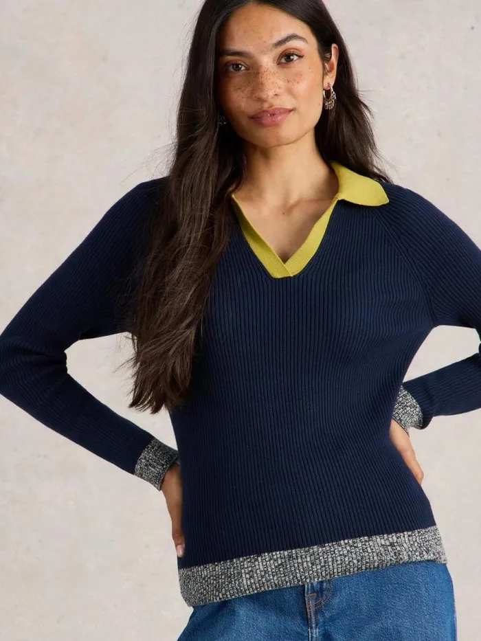 Women RIB COLLAR JUMPER Navy Multi White Stuff Knitwear