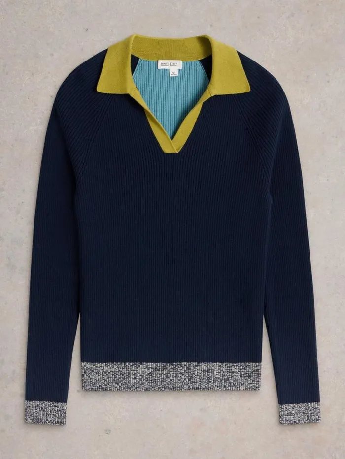 Women RIB COLLAR JUMPER Navy Multi White Stuff Knitwear