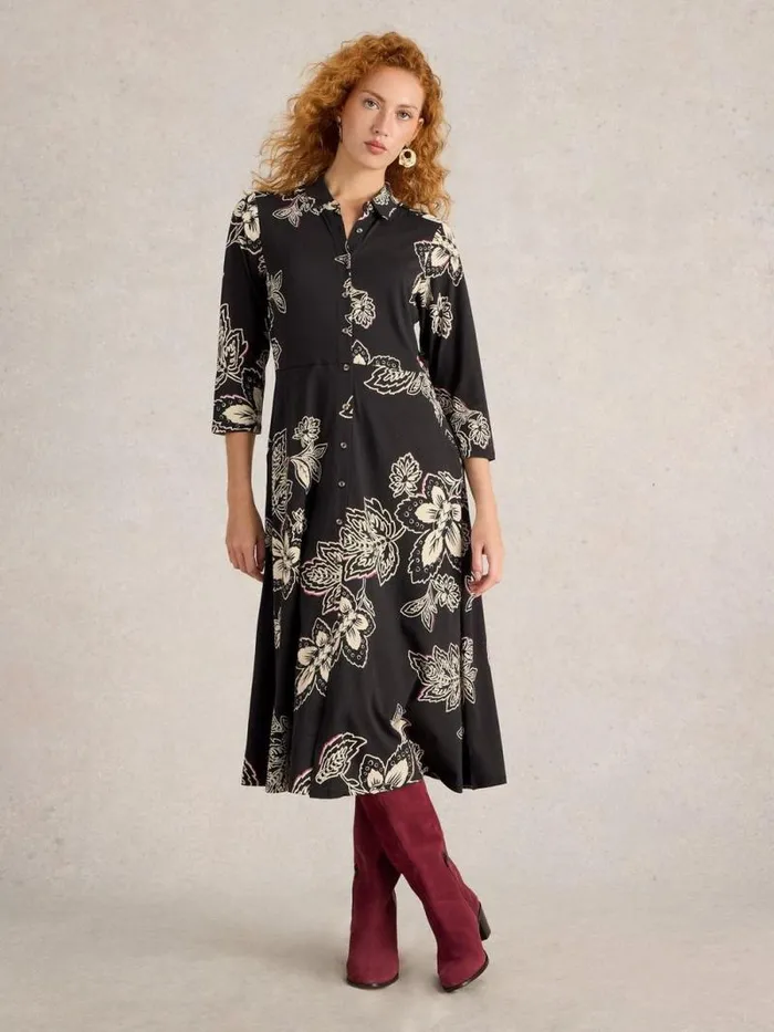 Women Rua Midi Jersey Shirt Dress Black Print White Stuff Dresses