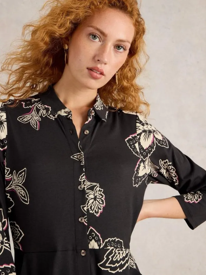 Women Rua Midi Jersey Shirt Dress Black Print White Stuff Dresses