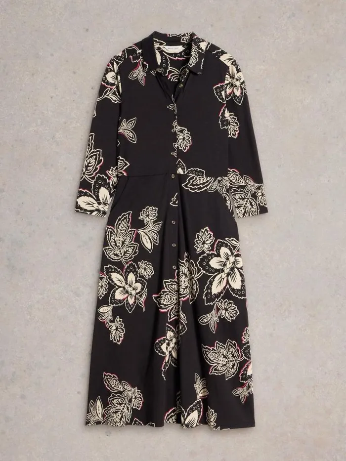 Women Rua Midi Jersey Shirt Dress Black Print White Stuff Dresses