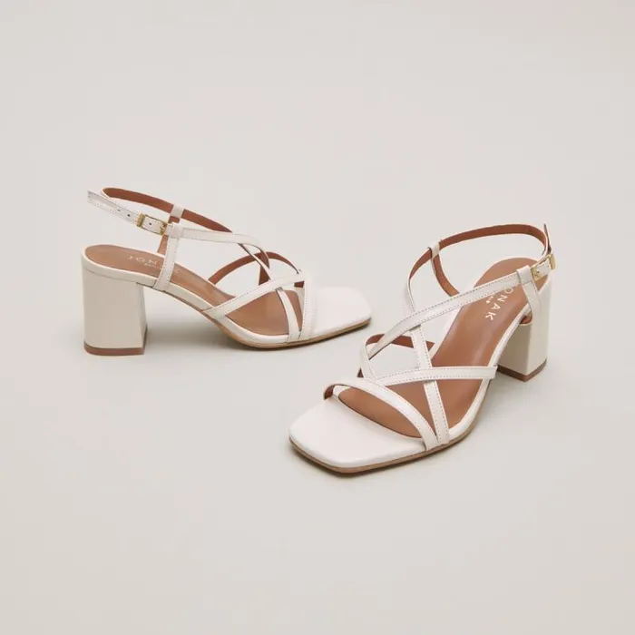 Women Square Toe Flanged Heeled Sandals Ecru JONAK Sandals