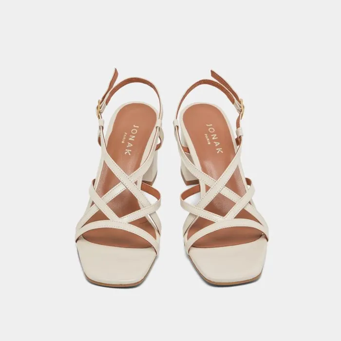 Women Square Toe Flanged Heeled Sandals Ecru JONAK Sandals