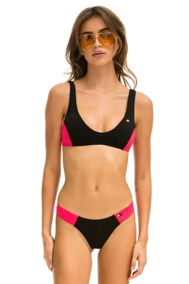 Women Swim Aviator Nation HICUT COLOR BLOCK CHEEKY BIKINI BOTTOMS 8211 BLACK RED
