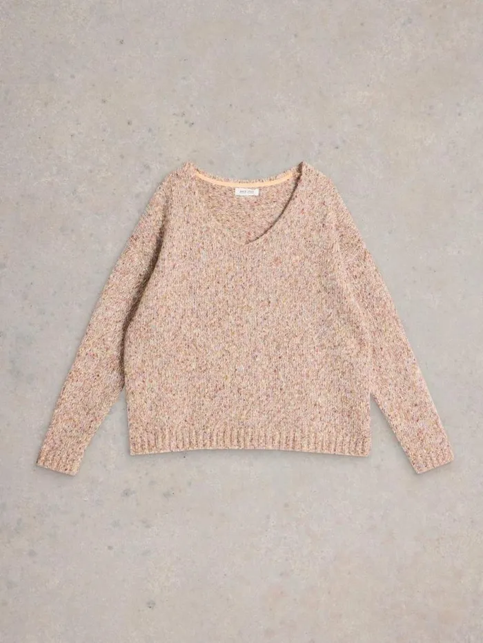 Women TEXTURED V NECK JUMPER Natural Multi White Stuff Knitwear