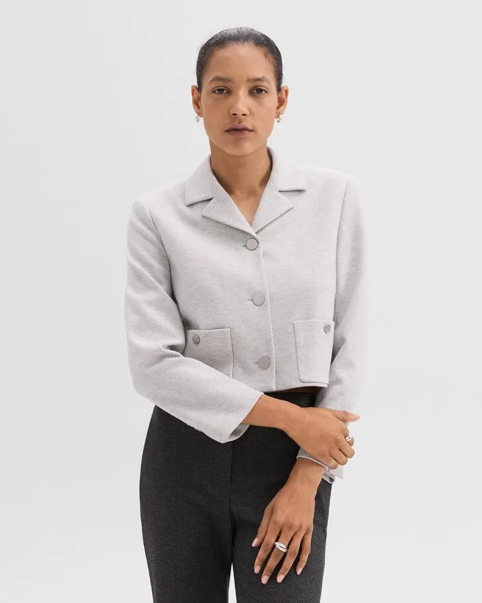 Women Theory Blazers Jackets Boxy Patch Pocket Blazer In Herringbone Knit Light Grey Melange