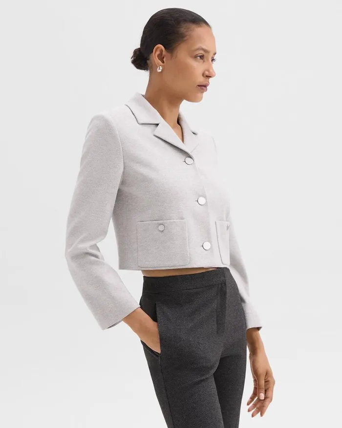 Women Theory Blazers Jackets Boxy Patch Pocket Blazer In Herringbone Knit Light Grey Melange