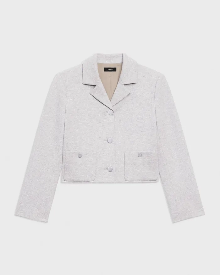 Women Theory Blazers Jackets Boxy Patch Pocket Blazer In Herringbone Knit Light Grey Melange
