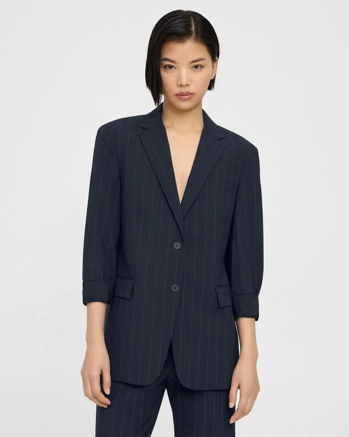 Women Theory Blazers Jackets Cuffed Blazer In Striped Stretch Wool Deep Navy