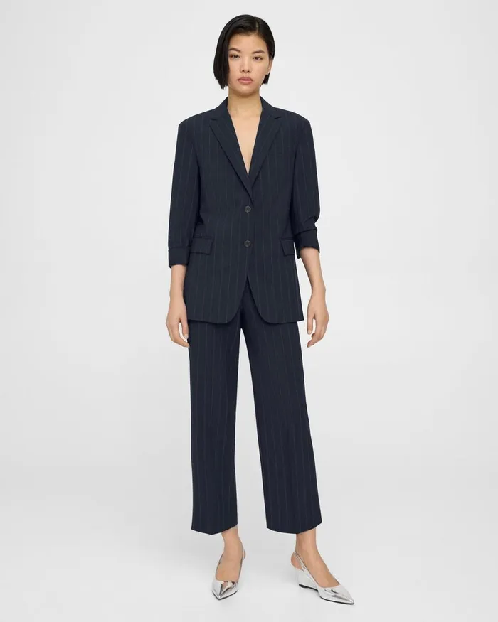 Women Theory Blazers Jackets Cuffed Blazer In Striped Stretch Wool Deep Navy