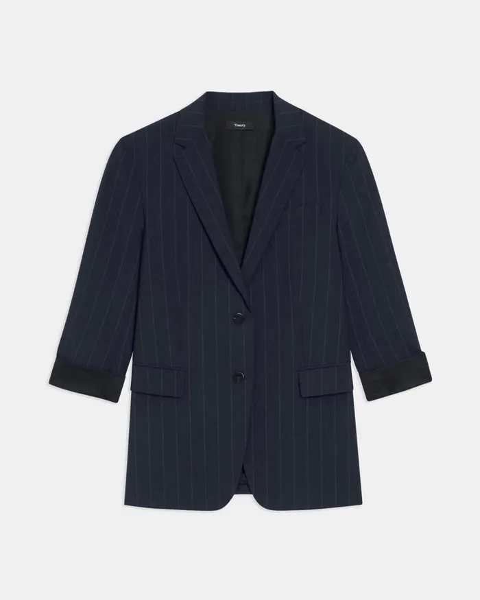 Women Theory Blazers Jackets Cuffed Blazer In Striped Stretch Wool Deep Navy