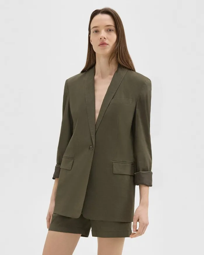 Women Theory Blazers Jackets Rolled Sleeve Blazer In Stretch Linen Dark Olive