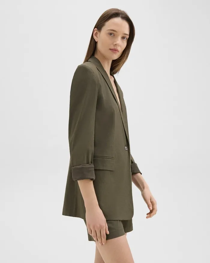 Women Theory Blazers Jackets Rolled Sleeve Blazer In Stretch Linen Dark Olive
