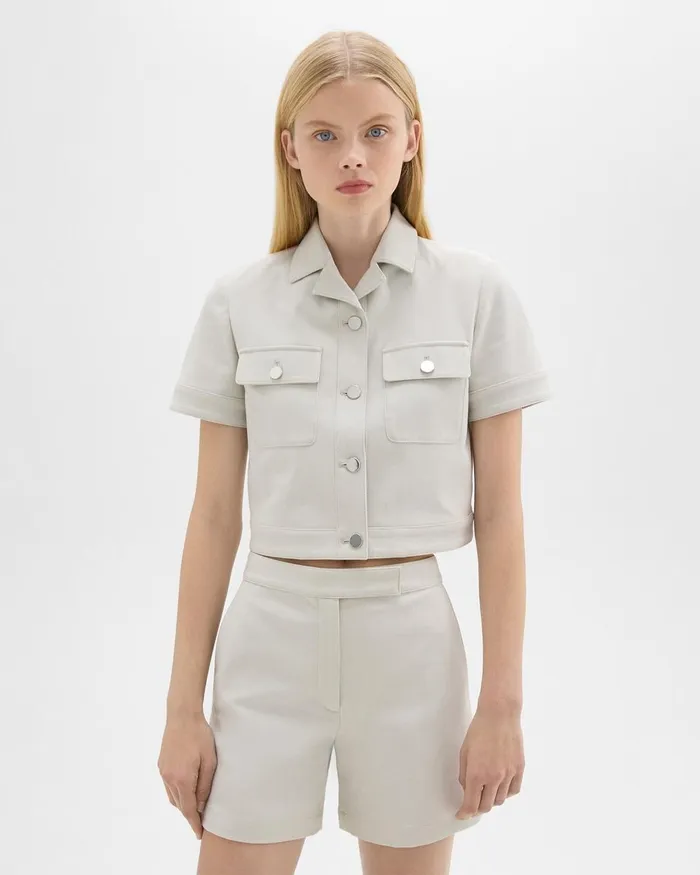 Women Theory Blazers Jackets ShortSleeve Military Shirt In Neoteric Twill Limestone