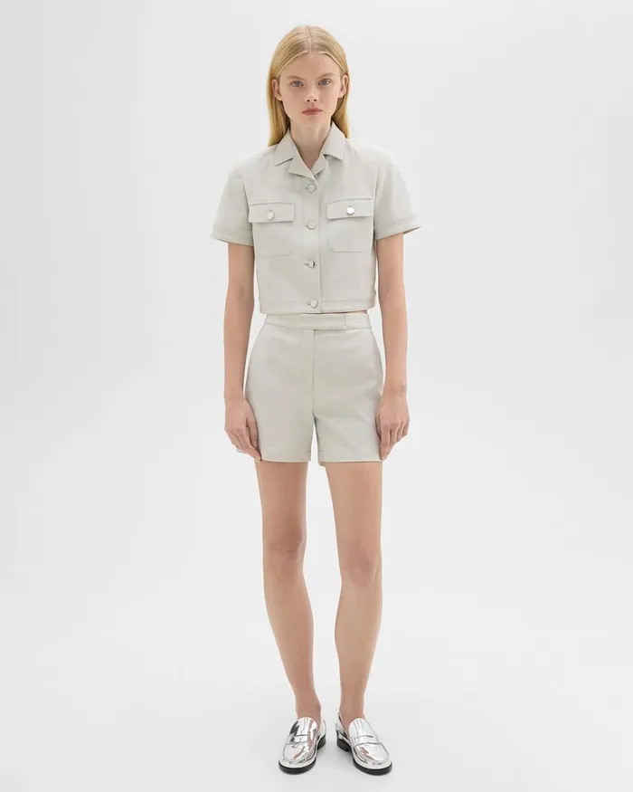 Women Theory Blazers Jackets ShortSleeve Military Shirt In Neoteric Twill Limestone