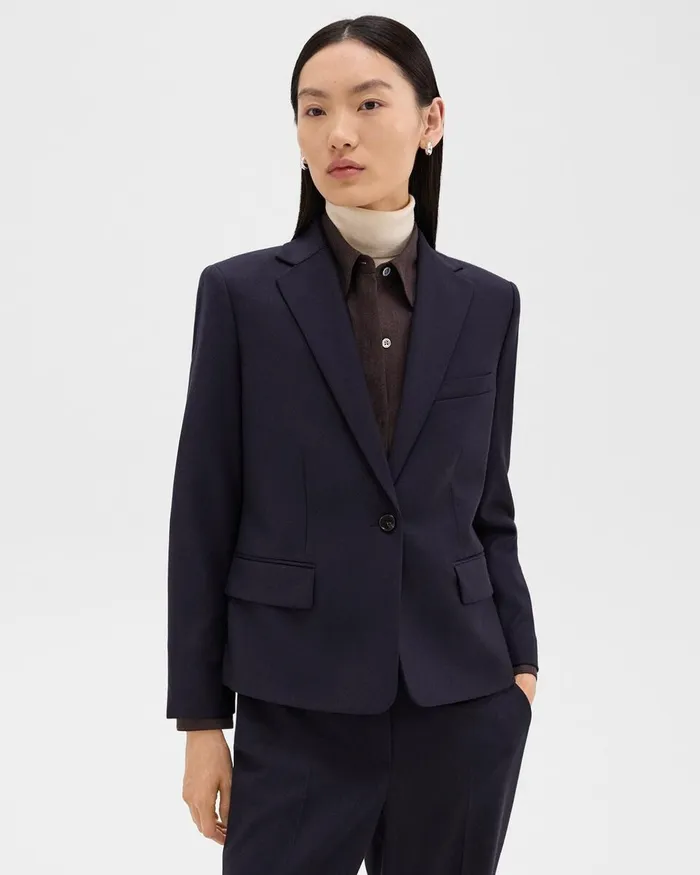 Women Theory Blazers Jackets SingleButton Blazer In Sleek Flannel Navy