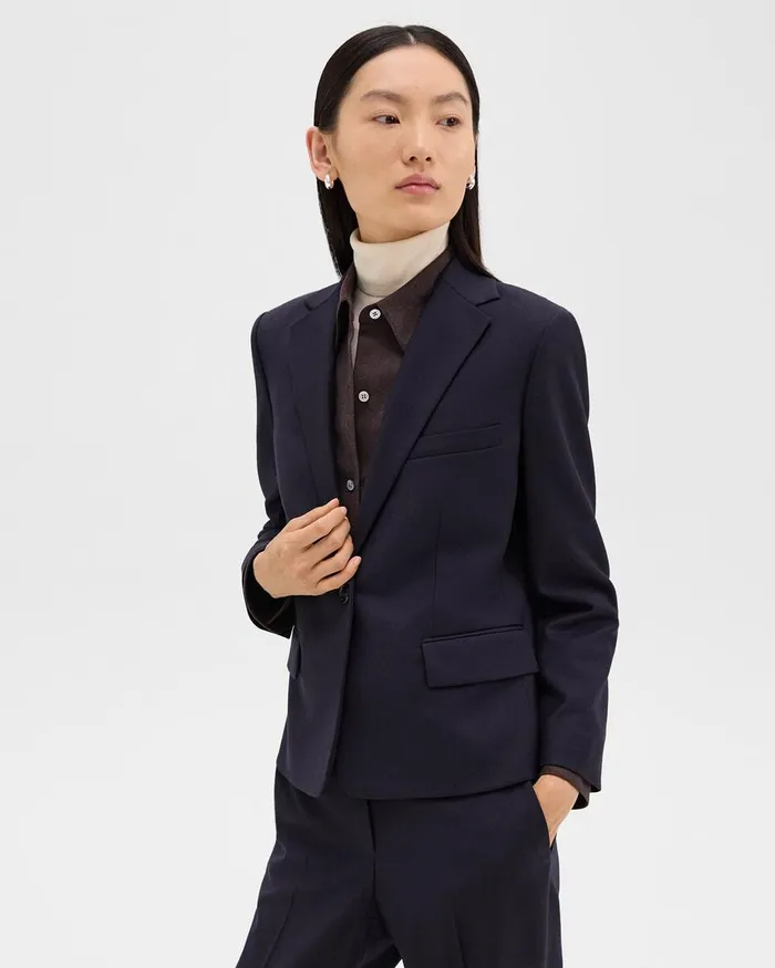 Women Theory Blazers Jackets SingleButton Blazer In Sleek Flannel Navy