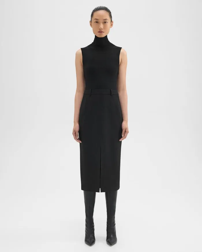 Women Theory Dresses Funnel Neck Combo Dress In Admiral Crepe Black