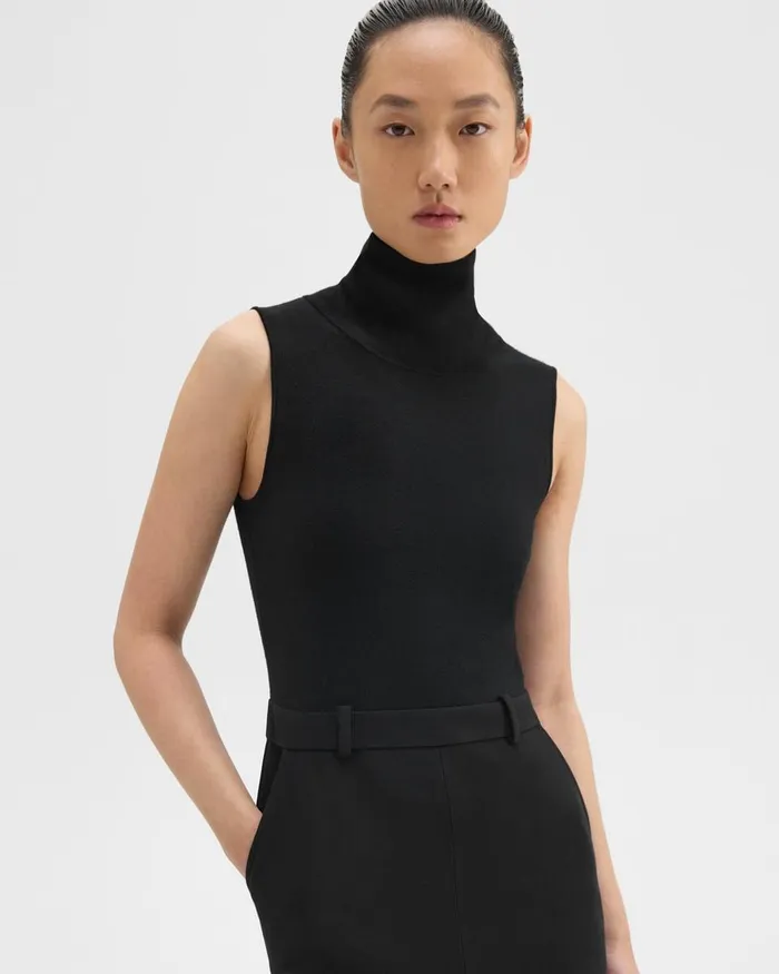 Women Theory Dresses Funnel Neck Combo Dress In Admiral Crepe Black