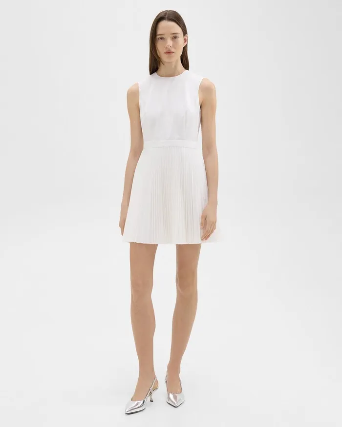 Women Theory Dresses Pleated Mini Dress In Sleek Poplin White