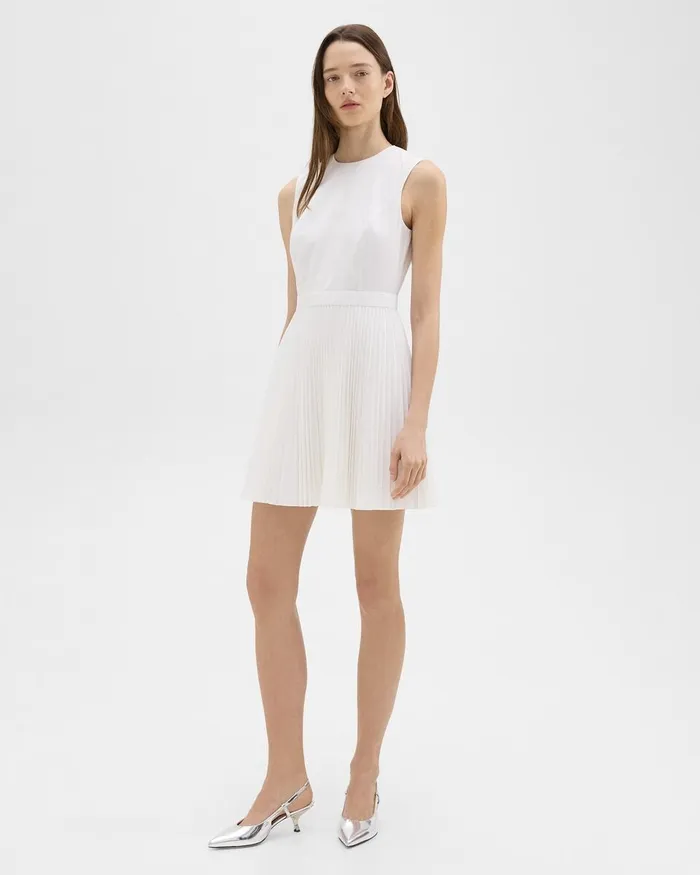 Women Theory Dresses Pleated Mini Dress In Sleek Poplin White