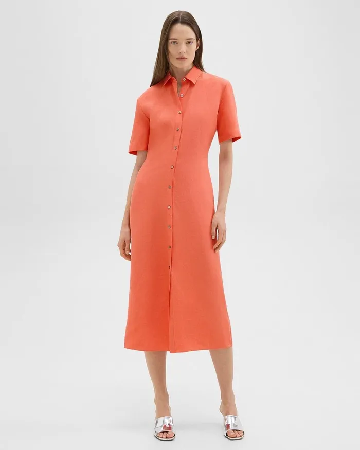 Women Theory Dresses ShortSleeve Shirt Dress In Galena Linen Bright Coral