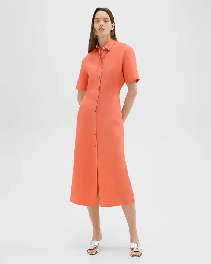 Women Theory Dresses ShortSleeve Shirt Dress In Galena Linen Bright Coral