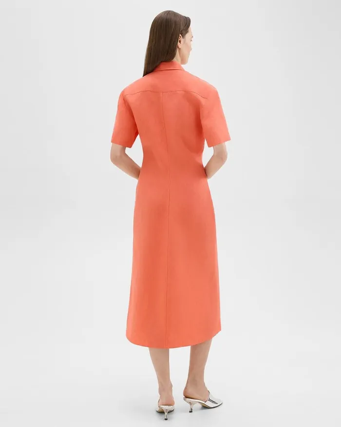 Women Theory Dresses ShortSleeve Shirt Dress In Galena Linen Bright Coral